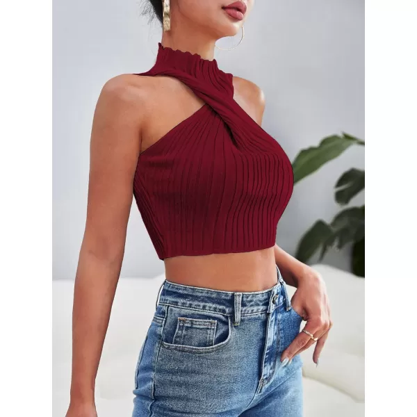 SweatyRocks Women's Sleeveless Halter Twist Front Crop Top Slim Fit Ribbed Knit Vest Tank Tops