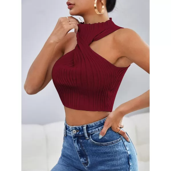 SweatyRocks Women's Sleeveless Halter Twist Front Crop Top Slim Fit Ribbed Knit Vest Tank Tops