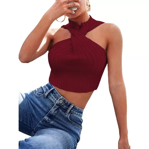SweatyRocks Women's Sleeveless Halter Twist Front Crop Top Slim Fit Ribbed Knit Vest Tank Tops