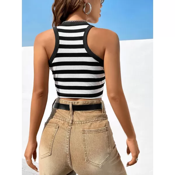 SweatyRocks Women's Stripe Print Crop Tank Top Casual Sleeveless Round Neck Slim Fit Tops
