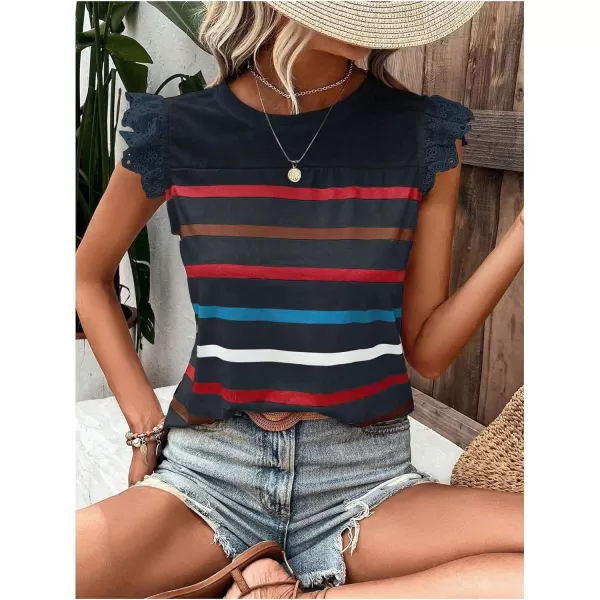 SweatyRocks Women's Striped Pattern Cap Sleeve Tee Shirt Crewneck Eyelet Embroidery Tops