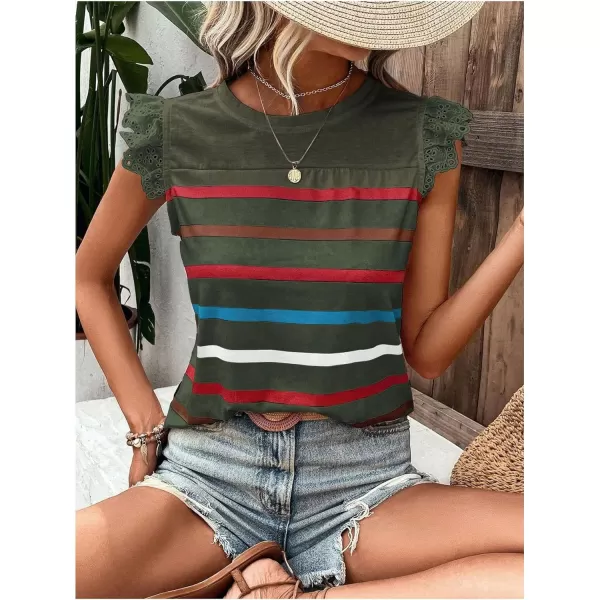 SweatyRocks Women's Striped Pattern Cap Sleeve Tee Shirt Crewneck Eyelet Embroidery Tops