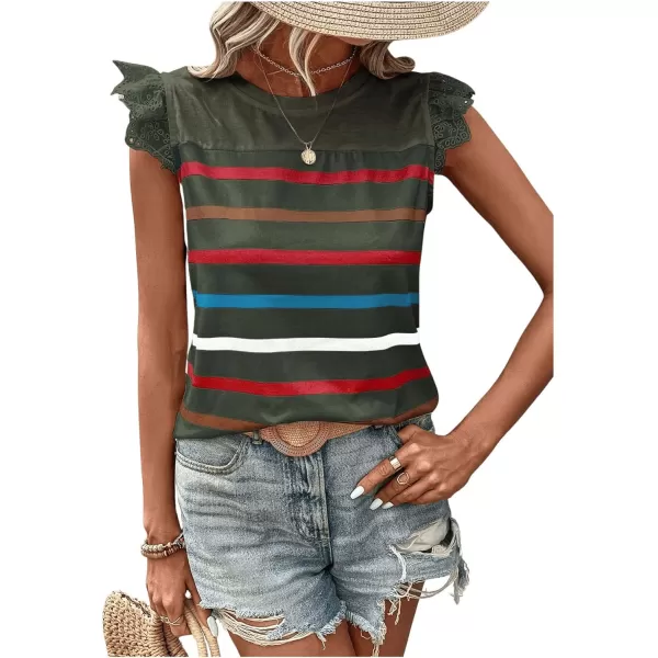SweatyRocks Women's Striped Pattern Cap Sleeve Tee Shirt Crewneck Eyelet Embroidery Tops