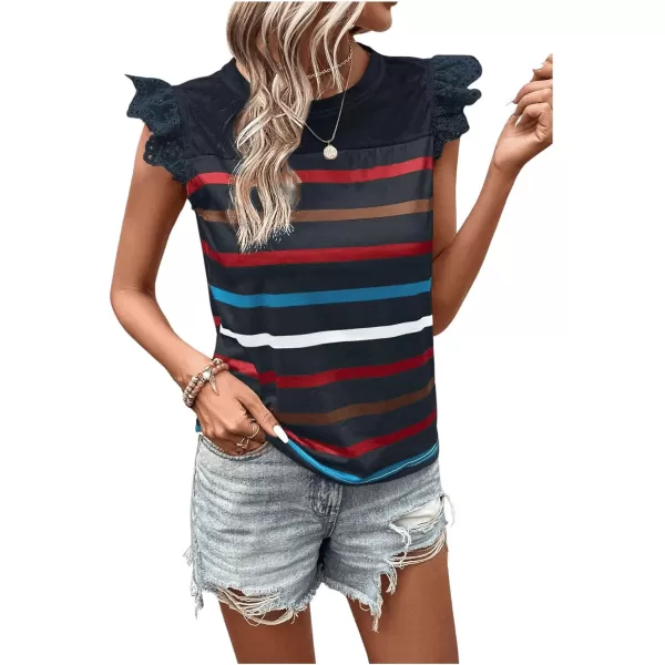 SweatyRocks Women's Striped Pattern Cap Sleeve Tee Shirt Crewneck Eyelet Embroidery Tops