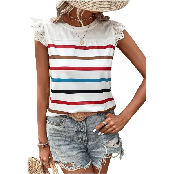 SweatyRocks Women's Striped Pattern Cap Sleeve Tee Shirt Crewneck Eyelet Embroidery Tops