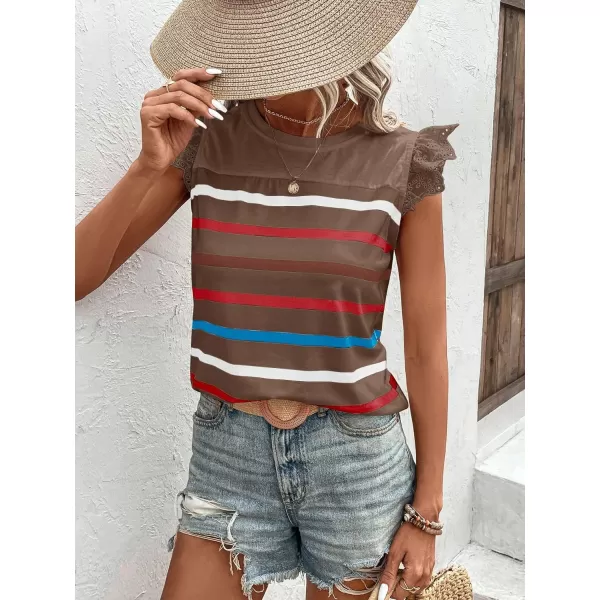 SweatyRocks Women's Striped Pattern Cap Sleeve Tee Shirt Crewneck Eyelet Embroidery Tops