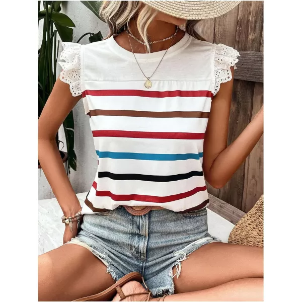 SweatyRocks Women's Striped Pattern Cap Sleeve Tee Shirt Crewneck Eyelet Embroidery Tops