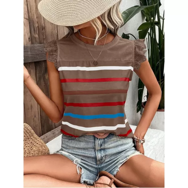 SweatyRocks Women's Striped Pattern Cap Sleeve Tee Shirt Crewneck Eyelet Embroidery Tops