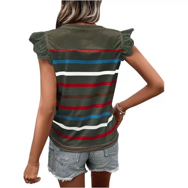 SweatyRocks Women's Striped Pattern Cap Sleeve Tee Shirt Crewneck Eyelet Embroidery Tops