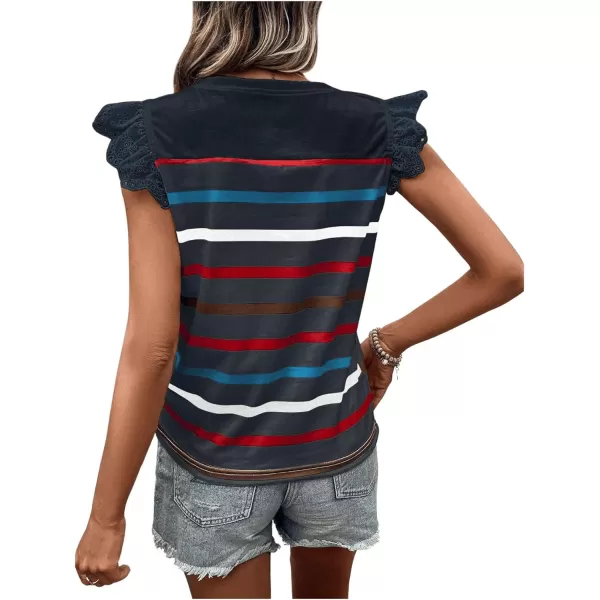 SweatyRocks Women's Striped Pattern Cap Sleeve Tee Shirt Crewneck Eyelet Embroidery Tops