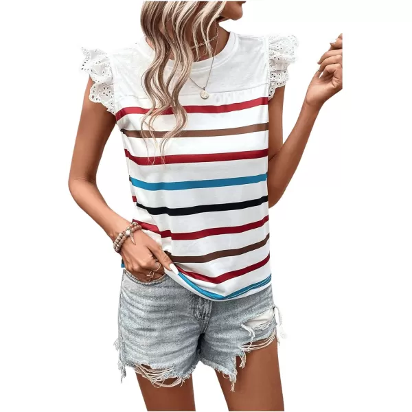 SweatyRocks Women's Striped Pattern Cap Sleeve Tee Shirt Crewneck Eyelet Embroidery Tops
