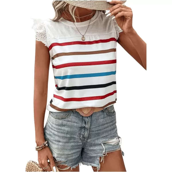 SweatyRocks Women's Striped Pattern Cap Sleeve Tee Shirt Crewneck Eyelet Embroidery Tops