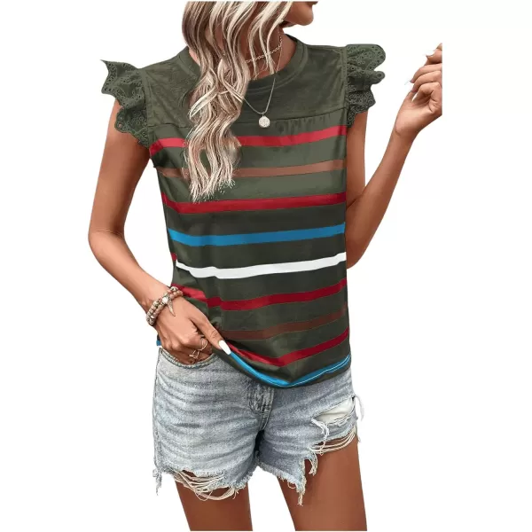 SweatyRocks Women's Striped Pattern Cap Sleeve Tee Shirt Crewneck Eyelet Embroidery Tops