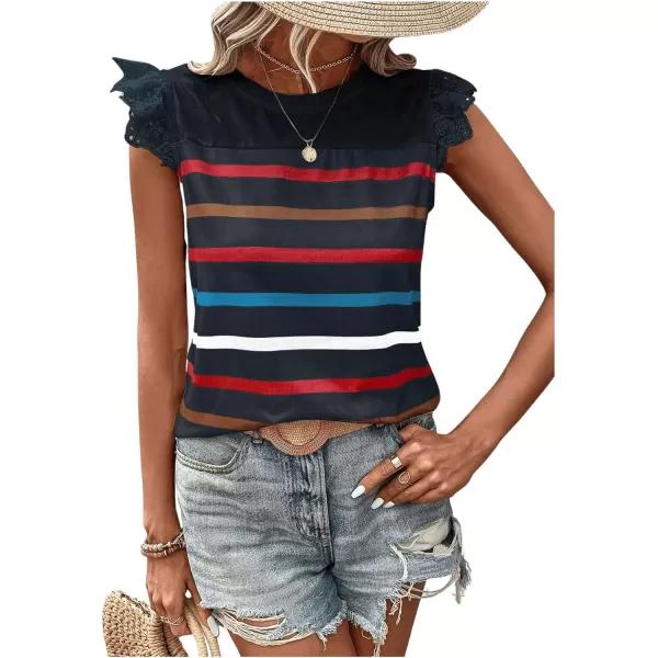 SweatyRocks Women's Striped Pattern Cap Sleeve Tee Shirt Crewneck Eyelet Embroidery Tops