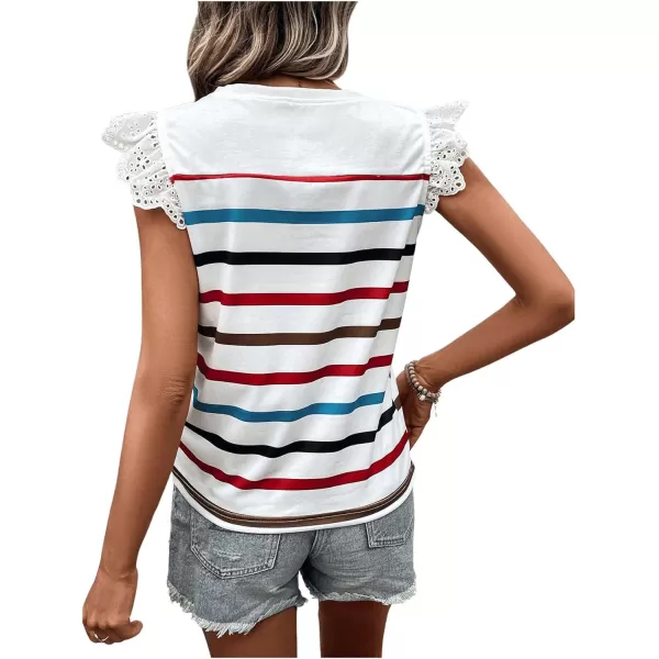 SweatyRocks Women's Striped Pattern Cap Sleeve Tee Shirt Crewneck Eyelet Embroidery Tops