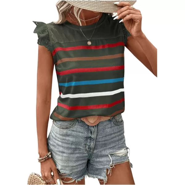 SweatyRocks Women's Striped Pattern Cap Sleeve Tee Shirt Crewneck Eyelet Embroidery Tops