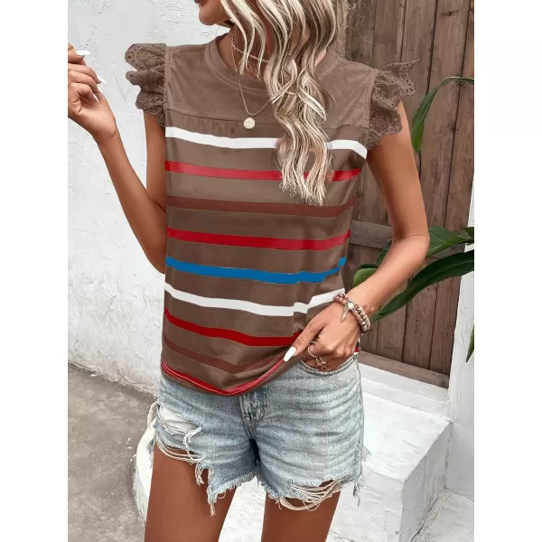 SweatyRocks Women's Striped Pattern Cap Sleeve Tee Shirt Crewneck Eyelet Embroidery Tops