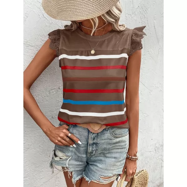 SweatyRocks Women's Striped Pattern Cap Sleeve Tee Shirt Crewneck Eyelet Embroidery Tops