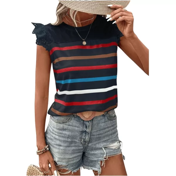 SweatyRocks Women's Striped Pattern Cap Sleeve Tee Shirt Crewneck Eyelet Embroidery Tops