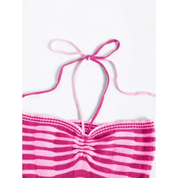 SweatyRocks Women's Striped Tie Backless Halter Top Sleeveless Knitted Crop Cami Tank