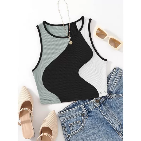 SweatyRocks Women's Summer Ribbed Knit Sleeveless Vest Color Block Crop Tank Top
