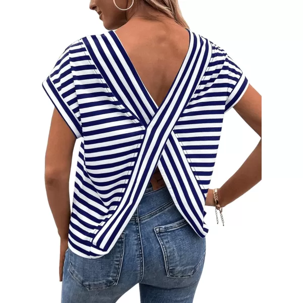 SweatyRocks Women's V-Cut Criss Cross Back Short Sleeve Tee Shirts Casual Summer Crew Neck Backless Tops