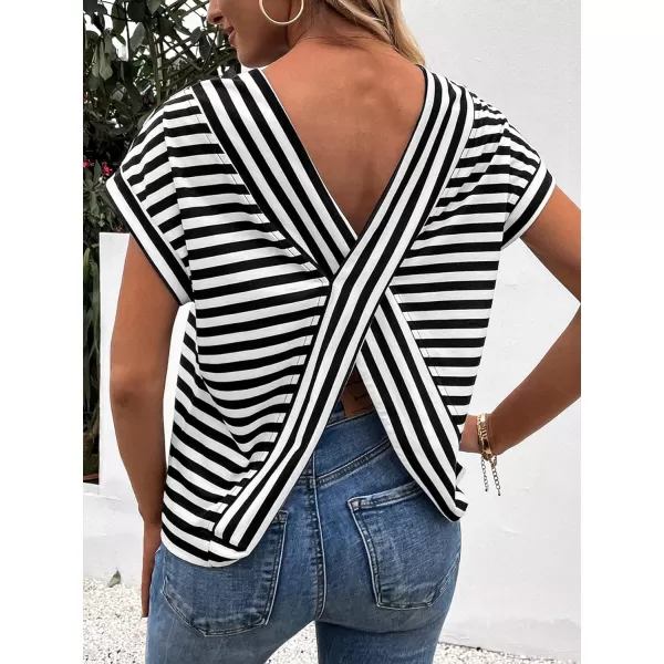 SweatyRocks Women's V-Cut Criss Cross Back Short Sleeve Tee Shirts Casual Summer Crew Neck Backless Tops