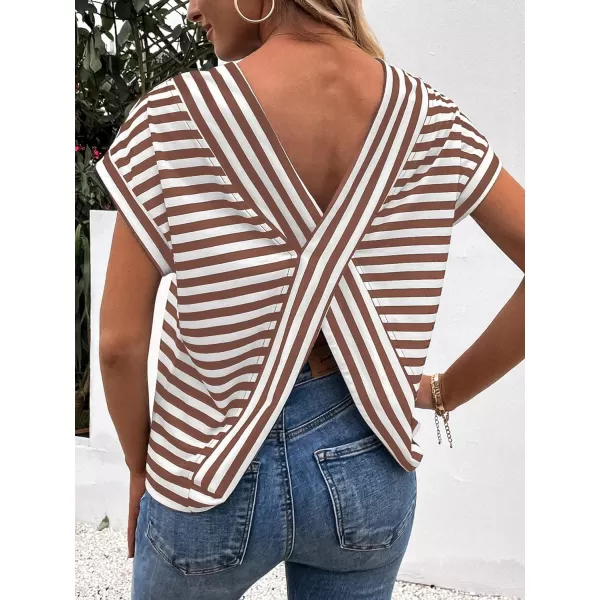 SweatyRocks Women's V-Cut Criss Cross Back Short Sleeve Tee Shirts Casual Summer Crew Neck Backless Tops