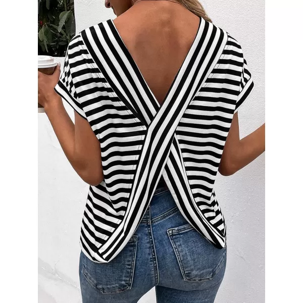 SweatyRocks Women's V-Cut Criss Cross Back Short Sleeve Tee Shirts Casual Summer Crew Neck Backless Tops