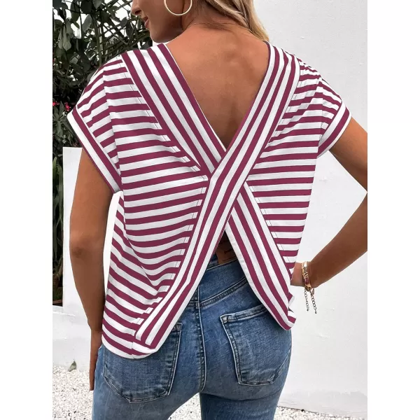 SweatyRocks Women's V-Cut Criss Cross Back Short Sleeve Tee Shirts Casual Summer Crew Neck Backless Tops