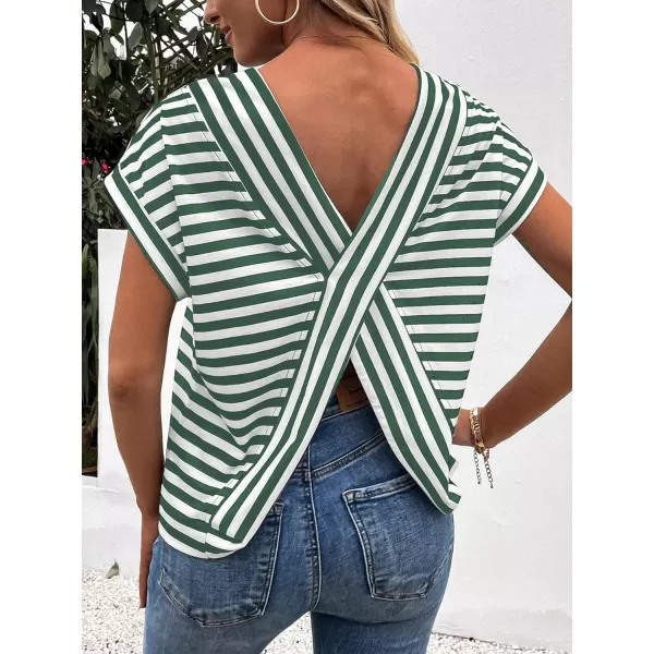 SweatyRocks Women's V-Cut Criss Cross Back Short Sleeve Tee Shirts Casual Summer Crew Neck Backless Tops