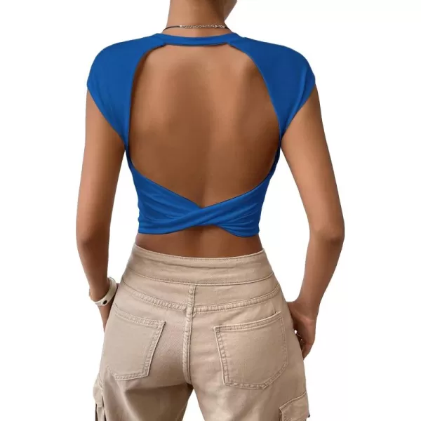 SweatyRocks Women's Cap Sleeve Crewneck Twist Backless Slim Fit Solid Crop Tee Top