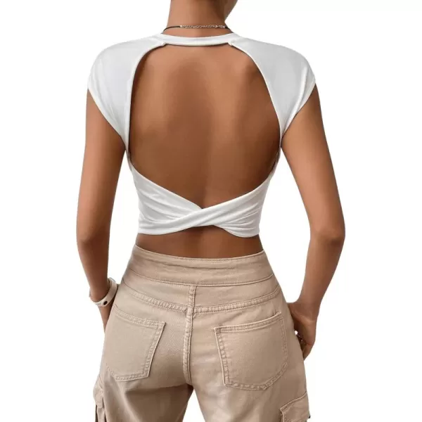 SweatyRocks Women's Cap Sleeve Crewneck Twist Backless Slim Fit Solid Crop Tee Top