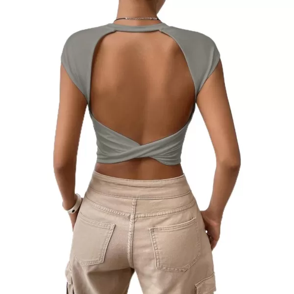 SweatyRocks Women's Cap Sleeve Crewneck Twist Backless Slim Fit Solid Crop Tee Top