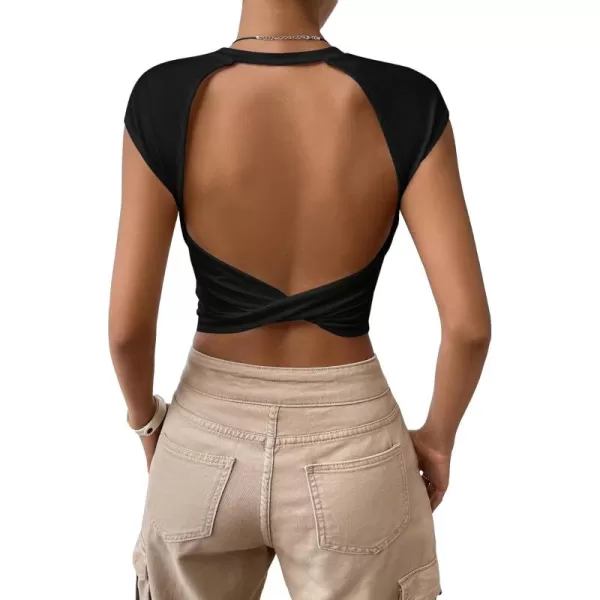 SweatyRocks Women's Cap Sleeve Crewneck Twist Backless Slim Fit Solid Crop Tee Top