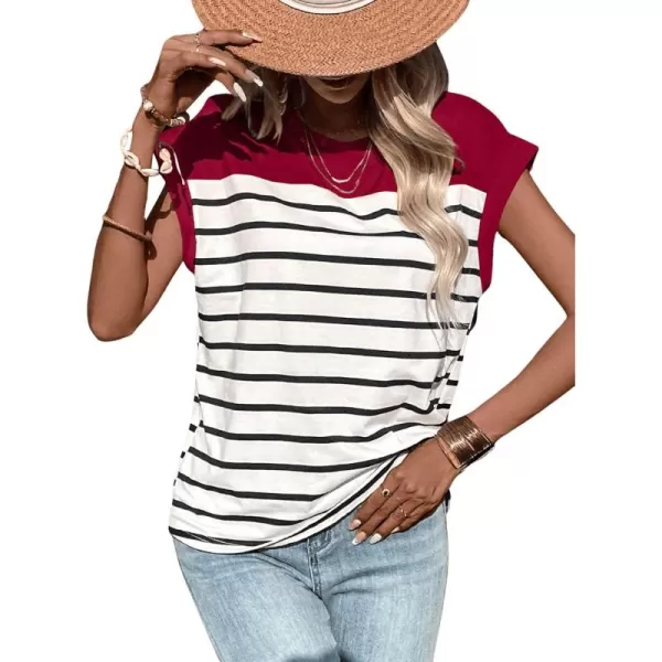 SweatyRocks Women's Casual Cap Sleeve Crewneck Tee Summer Stripe Print Pullover T Shirt