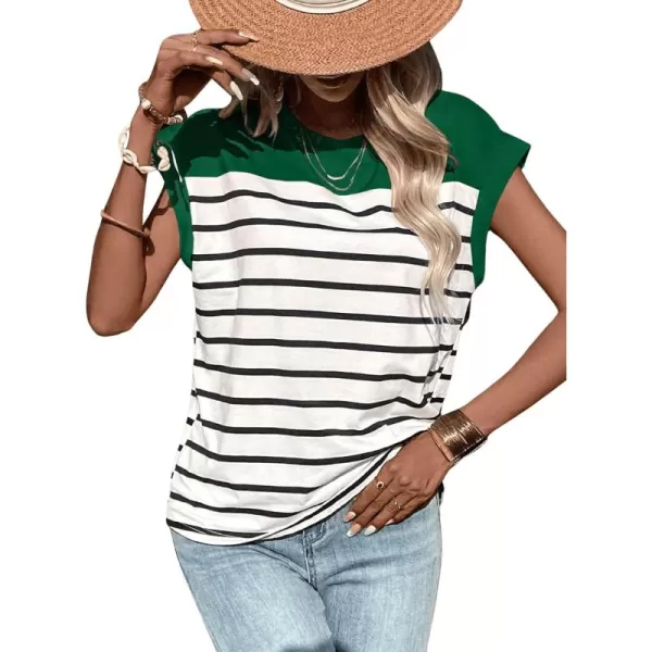SweatyRocks Women's Casual Cap Sleeve Crewneck Tee Summer Stripe Print Pullover T Shirt