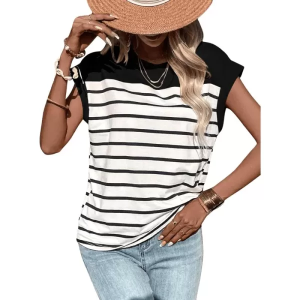 SweatyRocks Women's Casual Cap Sleeve Crewneck Tee Summer Stripe Print Pullover T Shirt