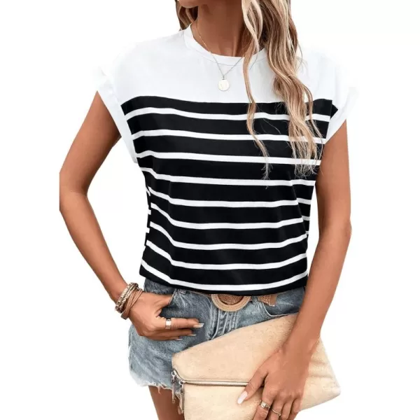 SweatyRocks Women's Casual Cap Sleeve Crewneck Tee Summer Stripe Print Pullover T Shirt