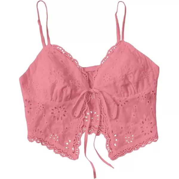 SweatyRocks Women's Casual Hollow Out Tie Front Cami Top Lace Trim Slim Fit Crop Tops