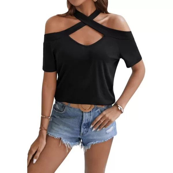 SweatyRocks Women's Casual Plain Criss Cross Halter Top Short Sleeve Cold Shoulder Cut Out Shirt