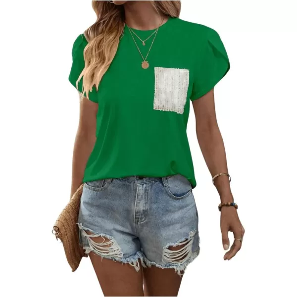 SweatyRocks Women's Casual Round Neck Sequin Pocket Tee Short Petal Sleeve Pullover T Shirt