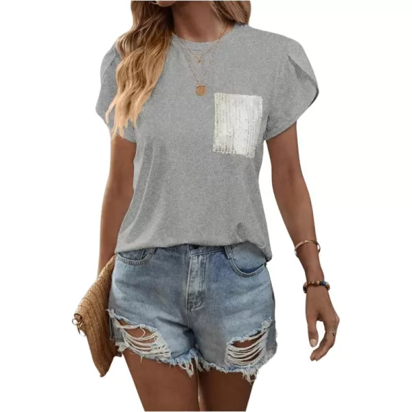 SweatyRocks Women's Casual Round Neck Sequin Pocket Tee Short Petal Sleeve Pullover T Shirt