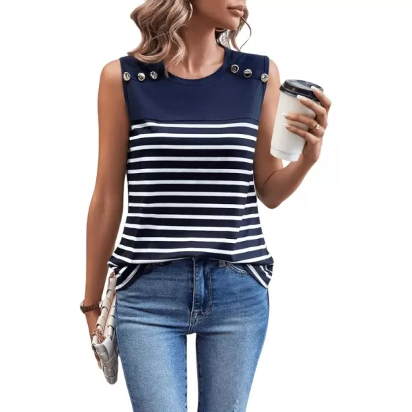 SweatyRocks Women's Casual Round Neck Tank Top Button Front Sleeveless Striped Shirt
