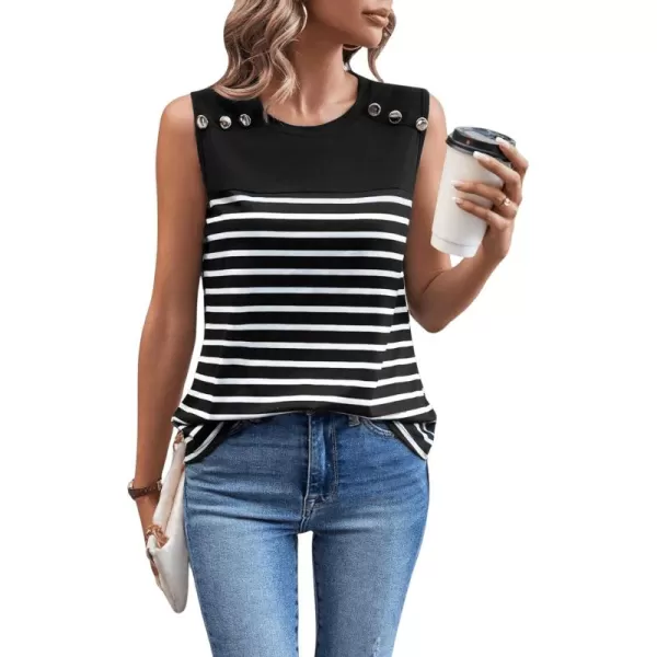 SweatyRocks Women's Casual Round Neck Tank Top Button Front Sleeveless Striped Shirt