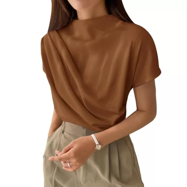 SweatyRocks Women's Casual Short Sleeve Mock Neck Tee Top Asymmetric Ruched Plain T Shirt