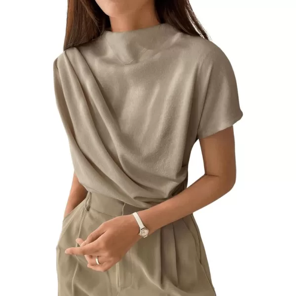 SweatyRocks Women's Casual Short Sleeve Mock Neck Tee Top Asymmetric Ruched Plain T Shirt