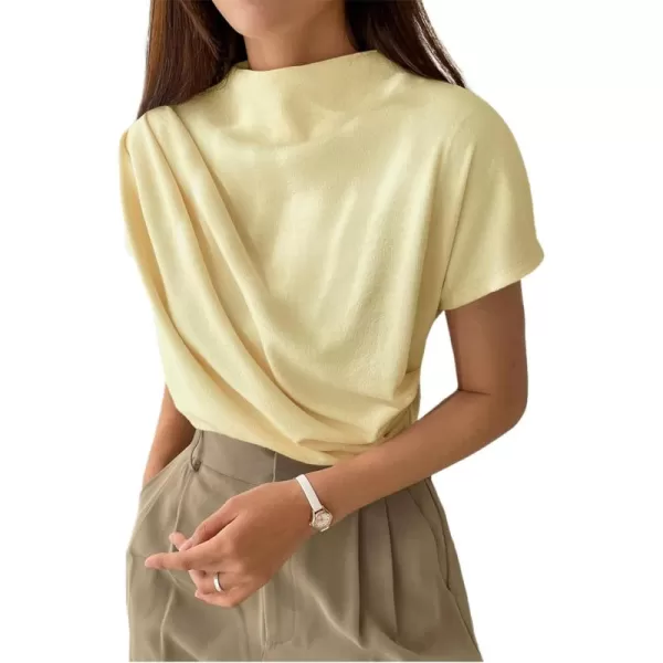 SweatyRocks Women's Casual Short Sleeve Mock Neck Tee Top Asymmetric Ruched Plain T Shirt