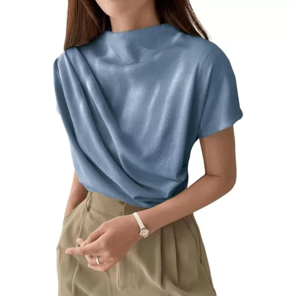 SweatyRocks Women's Casual Short Sleeve Mock Neck Tee Top Asymmetric Ruched Plain T Shirt