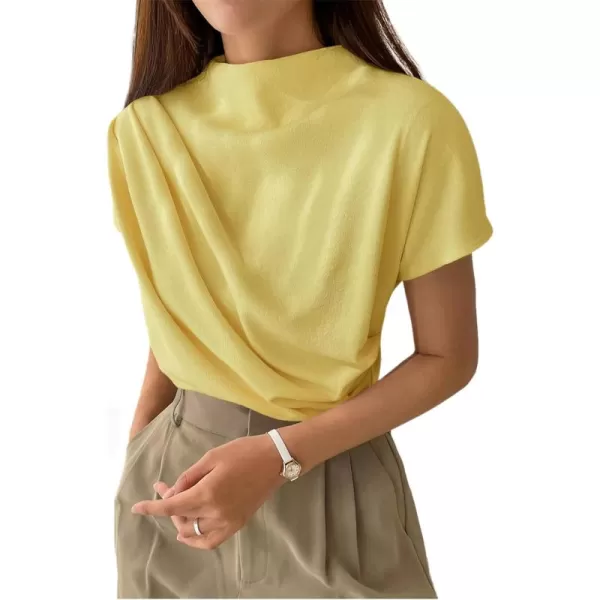 SweatyRocks Women's Casual Short Sleeve Mock Neck Tee Top Asymmetric Ruched Plain T Shirt